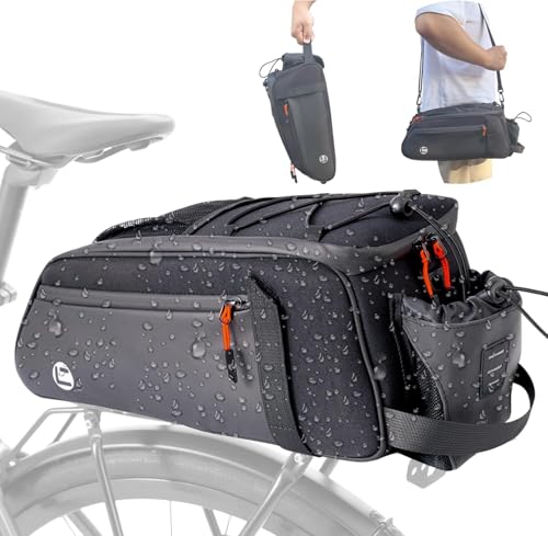 NDakter Bike Bags for Bicycle Rear Rack - 10L Waterproof 3 IN 1 Ebikes Trunk Bag with Water Bottle Holder, Reflective Electric Bike Saddle Panniers with Shoulder Strap for Commuter Travel Outdoor