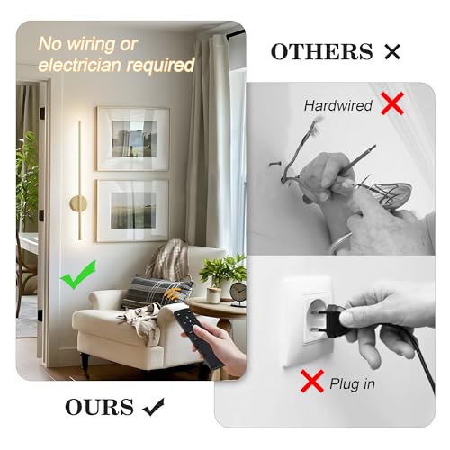 Image of Battery Operated Modern Wall Sconces,Dimmable Wireless Wall Light Set of Two with Remote Control,3 Color Temperatures,Rechargeable LED Wall Sconce for Bedroom,Living Room,Hallway,23.6 Inch, Gold