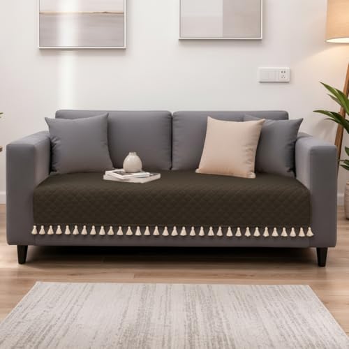 Image of HOMEMONDE 2 Seater Quilted Velvet Sofa Cover with Tassels |Soft, Durable & Premium Fabric with Tassels | Sofa Cover Mats for Living Room, Bedroom, Drawing Room & Office (76 X 122 CM, Brown)