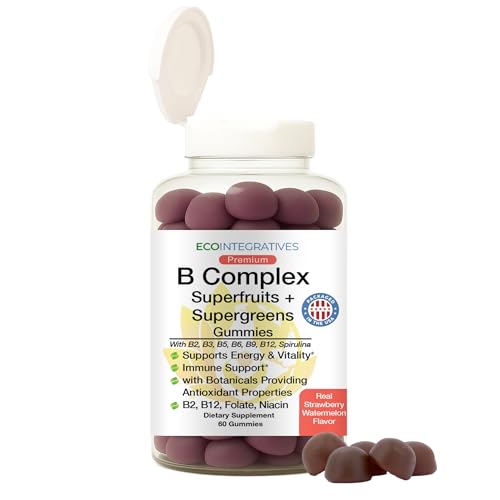 B Complex Gummies + Superfruits + Supergreens – Energy, Vitality & Immune Support – with B2, B3, B5, B6, B9 Folate & High Potency B12 – Rich in Antioxidants – Vegan, Gluten Free, Non-GMO – 60 Gummies
