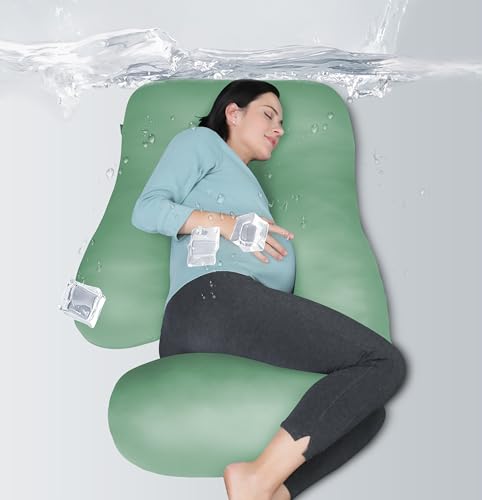 Image of MOON PARK Pregnancy Pillows for Sleeping - U Shaped Full Body Maternity Pillow with Removable Cover - Support for Back, Legs, Belly, Hips - 57 Inch - Green - Cooling Cover