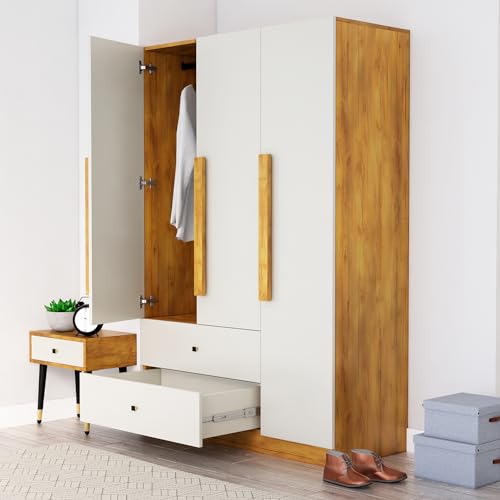 Image of Bniture Wooden Almirah for Clothes, Door for Bedroom, 3 Door Wardrobes with 2 Drawer & Hanging Space (40D x 120W x 180H CM) | 3 Year Warranty (Giant Wood & Frosty White)