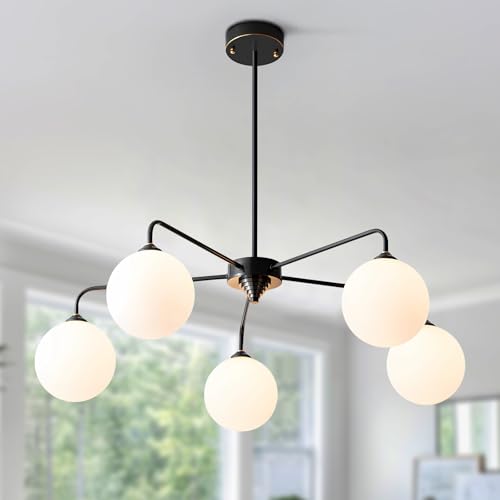 Image of 5 Light Mid Century Sputnik Chandelier with White Frosted Globe Glass Shade Pendant Lighting Fixture Living Room Large Pendant Lamp for Bedroom Kitchen Island