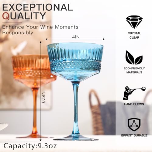Colored Coupe Glasses, Martini Glasses Set of 6, Vintage Champagne Coupe Glasses,9.3oz Large Martini Glass, Crystal Retro Style Cocktail Glass for Mothers Day Gifts, Vintage Art Deco Glassware by Physkoa - Image 5
