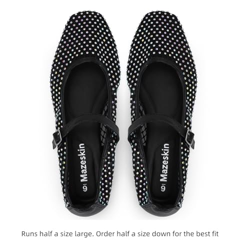 mazeskin Womens Mesh Memory Foam Ballet Flats Square Toe Shoes Ladies Comfortable Buckle Strap Ballerina Shoes with Rhinestone4