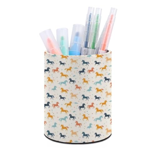 VOSERY Porte-stylos de bureau en cuir pour bureau – Petit pot à crayons décoratif avec imprimé chevaux colorés cool pour salle de classe, organisateur de stylos, gobelets à crayons pour accessoires de