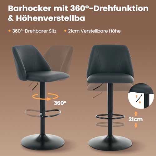 COLAMY Barhocker 2er Set, Höhenverstellbarer Barstool, 360° Drehbarer Barstuhl mit Lehne, Leder Kücheninsel Barstühle mit Fußstütze, Rutschfestes Metallfuß, Geeignet für Küche, Bar, Esszimmer, Schwarz