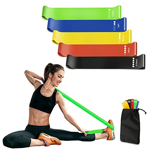 Resistance Loop Band Übungsband 5er Pack mit Verschiedenen Widerstandsstufen Latex Hautfreundliche Fitness, Training, Bein und Gesäß Krafttraining, Physiotherapie, Pilates, Yoga, Tragetasche Inklusive