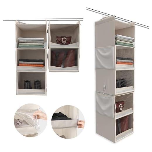 ZAMINN Organizador de Armario Colgante y Plegable de 5 estantes con Cubierta Antipolvo, 2 estantes Colgantes separables, Organizador Armario, Organizador Bolsos Mujer, Zapatos, Ropa, Ropa Bebe..