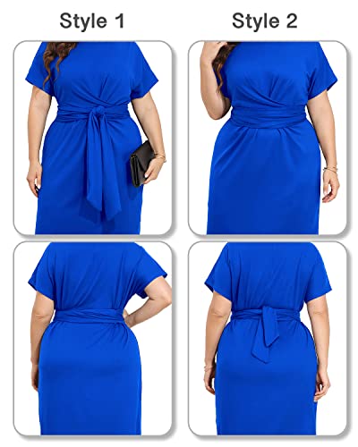Image of Pinup Fashion Plus Size Dresses for Women Wedding Guest Short Sleeve Tie Front Waist Belted Pencil Work Knee Dress