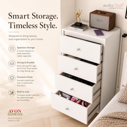Image of Studio Kook Engineered Wood Avon Tallboy Chest of Drawers, 4 Drawers, Matte Finish (Moonshine White)
