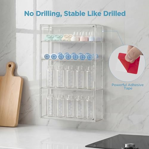 Image of HBlife Baby Bottle Storage Organizer Wall Mount, 4 Tiers Adjustable Clear Acrylic Bottles Storage Station Case Box Container with 3 Removable Dividers and Magnetic Door for Countertop Cabinet, Large