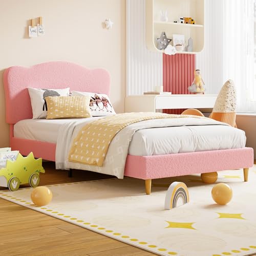 GarveeHome Upholstered Twin Size Bed Frame for Kids with Scallop Headboard, Cute Velvet Twin Bed for Girls, Boys, Sturdy Platform Bed, No Box Spring Needed, Wooden Slats, Noise Free, Pink Pi