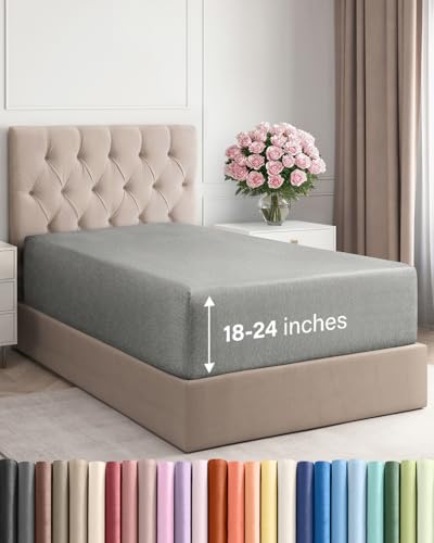 Image of Deep Twin XL Fitted Sheet - College Dorm Room Essentials - Heathered Grey | Easily Fits 18 inch to 24 inch Mattress, Wrinkle Resistant, Soft, Breathable & Comfy, Extra Deep Pockets Fitted Sheet