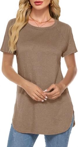 Teesho Damen Longshirt Kurzarm Tshirt Sommer Elegant Oberteile Baumwolle Shirts Lang Tops Bluse Tunika (Braun/L)