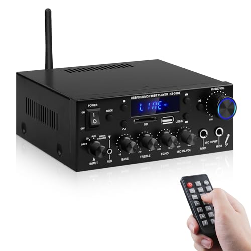 Amplificador de audio para el hogar, KS-33BT 2 canales Bluetooth 5.0, amplificador HiFi, RMS 60 W x 2 Max 400 W X 2 Amplificadores estéreo receptor W/Echo, USB/SD/AUX/BT.C/FM Micrófono para cine en