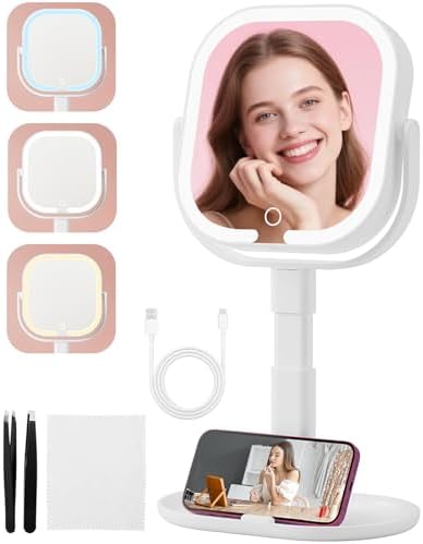 Espejo Maquillaje con Luz,10x/1x Aumento Doble Cara Recargable 2000mah USB Type-C,Base Soporte para Móvil Portátil,360 Giratorio 3 Colores Brillo Regulable,Adecuado para Dormitorios y Viajes