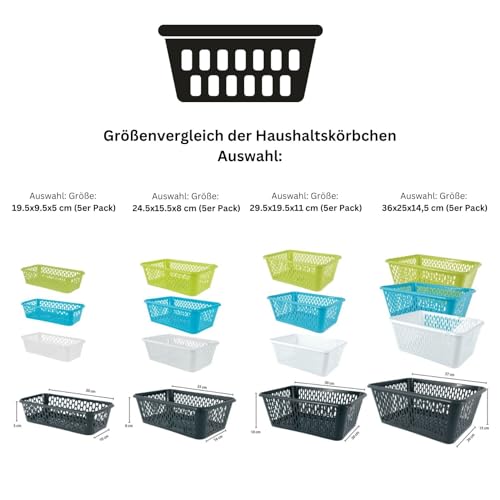 Aufbewahrungskorb Körbchen Korb Kunststoff farbig 5 Stück Set Größenauswahl, Größe:19.5 x 9.5 x 5 cm