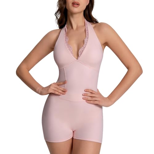 Women One Piece Workout Jumpsuits V-Neck Backless Yoga Romper Pink L