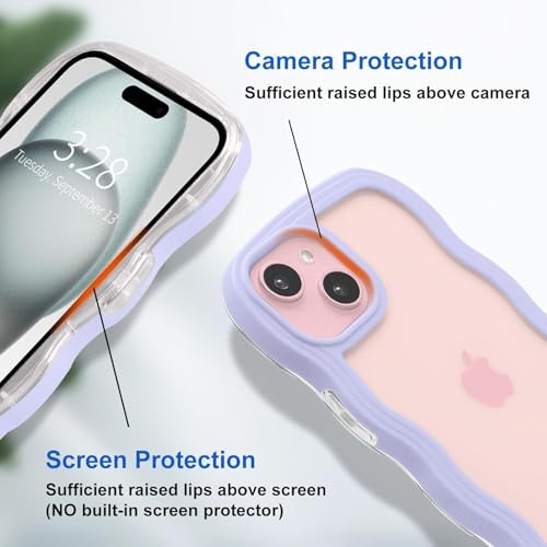 Image of GoldKart iPhone 15 Plus Case Wavy Edge Clear Back Design, Anti-Slip Grip Cute Wave Curly Frame Shape Shockproof Soft TPU & Hard PC Bumper Protective Phone Case Cover for Women Girls - Purple
