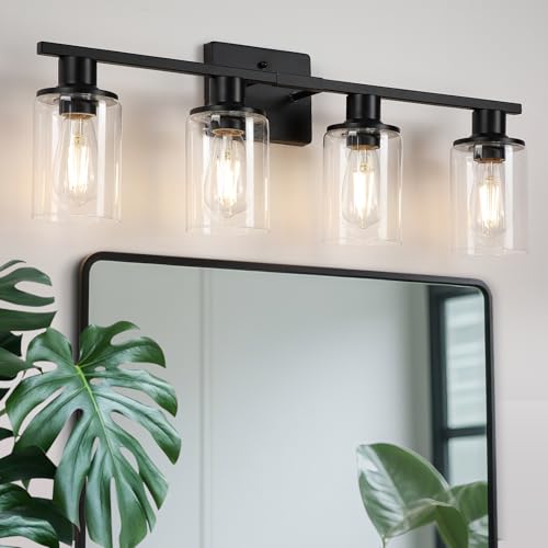 Image of Matte Black Bathroom Light Fixtures Over Mirror,4-Light Bathroom Vanity Light with Clear Glass Shade,Modern Farmhouse Wall Sconces Lighting for Mirror Kitchen Living Room Cabinet