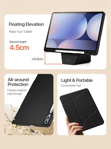 Image of INICIO Shockproof Folio Case Cover for Samsung Galaxy Tab S10 Plus / S9 FE+ / S9 Plus 12.4 inch, Multiple Angle Viewing Modes, 4.5cm Elevation Stand, S Pen Holder, Auto Wake /Sleep, PU+TPU, Black