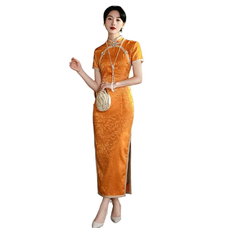 Cheongsam De Manga Corta para Mujer - Vestido Cheongsam De Verano Ajustado Estilo Chino con Cuello Alto Y Mejorado De Longitud Media Y Talla Grande para Fiesta Y Boda