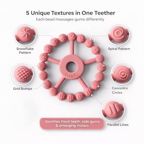 Image of Cubkins Silicone Ring Teether for Babies 3-12 Months | BIS Certified, BPA Free, Food Grade | Teething Ring for Soothing Gums | Zero Plastic | Easy Grip Baby Teething Toy (Raspberry)