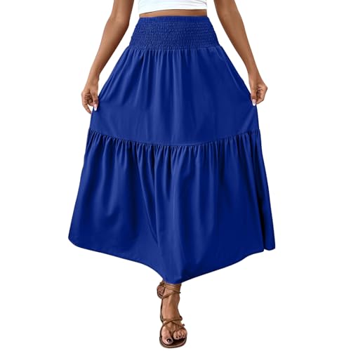 Lmdudan 2025 Summer Women's Boho Skirt Elastic High Waist Pleated A-Line Flared Maxi Skirts Womens Flowy Long Skirts