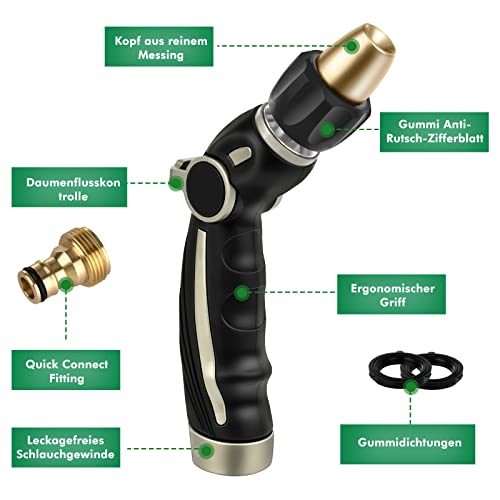RESTMO Tuinwaterspuit, krachtige irrigatiesproeier, zuiver messing sproeikop, metalen tuinsproeier voor autowassen, tuinreiniging, duimstroomcontrole, 4 sproeipatronen - Afbeelding 3