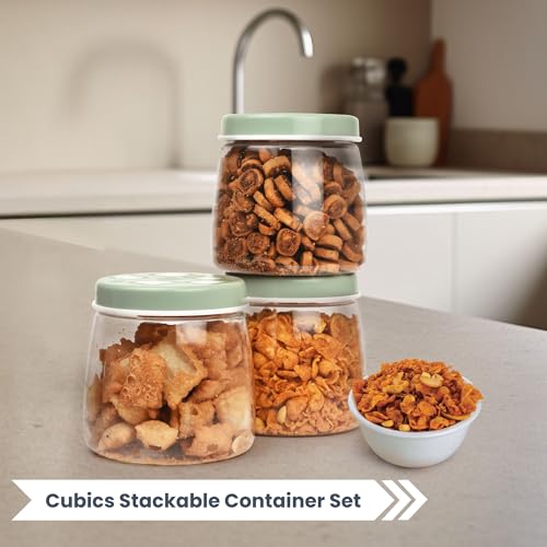 Image of FLAIR Cubics BPA-Free PET Plastic Airtight Food Storage Containers Set of 3 (1000ml Each) with Spoon - Green, Stackable Pantry Jars for Rice, Sugar, Flour, Cereals, Pulses, Snacks & Dry Fruits