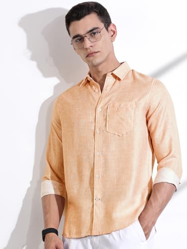 Image of Thomas Scott Men's | Printed | Textured Fabric | Full Sleeve | Regular Fit | Linen Blend | Single Pocket | Spread Collar | Casual Shirt