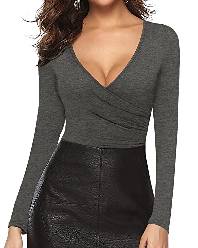 Mangopop Women's Deep V-Neck Ruched Wrap Slim Fit Shirt - Long Sleeve, Dark Heather Grey, Medium #TOP20