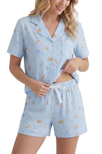 Image of LUBOT 100% Cotton Pajamas for Women 2 Piece PJ Set Button-Down Soft Knit Short Sleeve Summer Sleepwear Loungewear XS-XXL