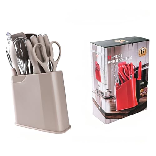 Henlutuo 12-Piece Silicone Kitchen Utensil Set with Stainless Steel Knives – Heat-Resistant Spatula, Spoon, Peeler, Non-Scratch Cooking Tools for Baking, Frying & Grilling (Khaki)