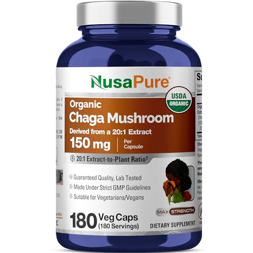 NusaPure Chaga Mushroom 150 mg 180 Veg Capsules (USDA Organic Vegan Non-GMO)