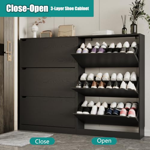 Image of Xixini Shoe Storage Cabinet for Entryway with 3 Flip Drawers, Sturdy Wood Hidden Shoe Storage, Freestanding Narrow Slim Shoe Organizer for Front Door Entrance, Living Room, Hallway, Bedroom, Black