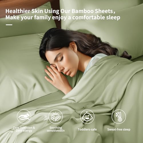 Image of Shilucheng 6 Piece Full Sheet Sets, Cooling Sheets, Blend Rayon Derived from Bamboo, Deep Pocket Up to 16 inch, Breathable & Soft Bed Sheets, Hotel Silky Bedding Set, Sage Green