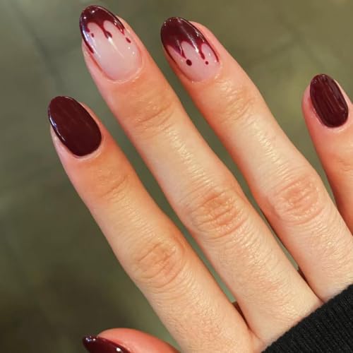 SYPAFG Halloween Press on Nails Short Oval - Vampire Blood French Tip