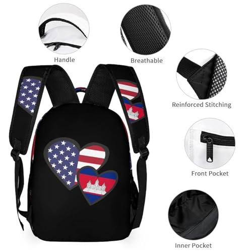 Interlocking Hearts U.S.A. Cambodia Flag Funny Backpack Set Lunch Bag Pencil Case Makeup Bag 3 in 1 for Men Women Travel3
