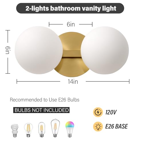 Image of Gold Globe Wall Sconce,Vanities Lights with 2 Milk Glass Shades | 6 inch Modern Spherical Vanity Sconces,Contemporary Small Brass Ball Lights Fixture for Entryway Bedside Bathroom,E26 Base