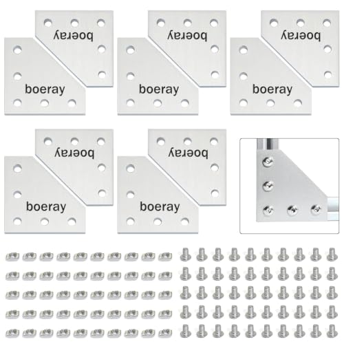 Boeray 10pcs Aluminum Alloy T Slot L Shape Joining Plate and 50pcs M5x8 Hex Screw and 50pcs T Nut for 2020 Series Aluminum Profile