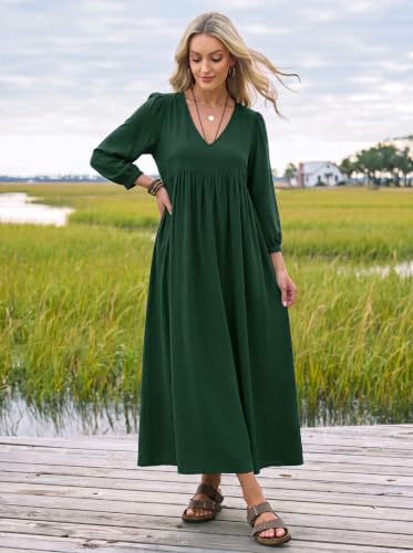Image of Celmia Autumn Solid Loose Long Maxi Dress Cotton Caftan
