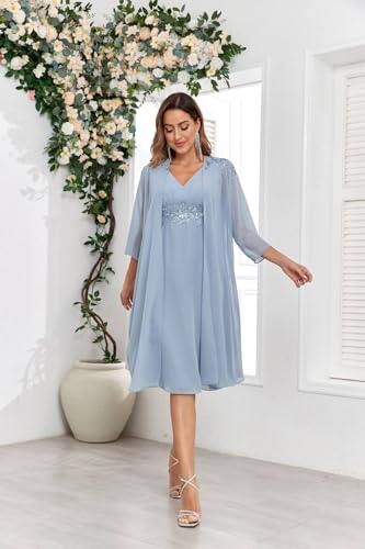 Image of BONOYUER Dusty Blue Mother of The Bride Dress with Jacket Lace Applique V Neck A Line Wedding Guest Dress Size 16
