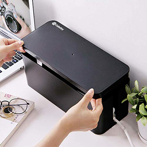 Cable Management Box Organizer Set, Pack Of 2 With Configuration Kit, Updated Anti-Skid Design, Large And Medium Black Boxes With Cable Ties, Clips And Sleeve. Covers And Hides Cords/Wires/Power Strip #TOP7
