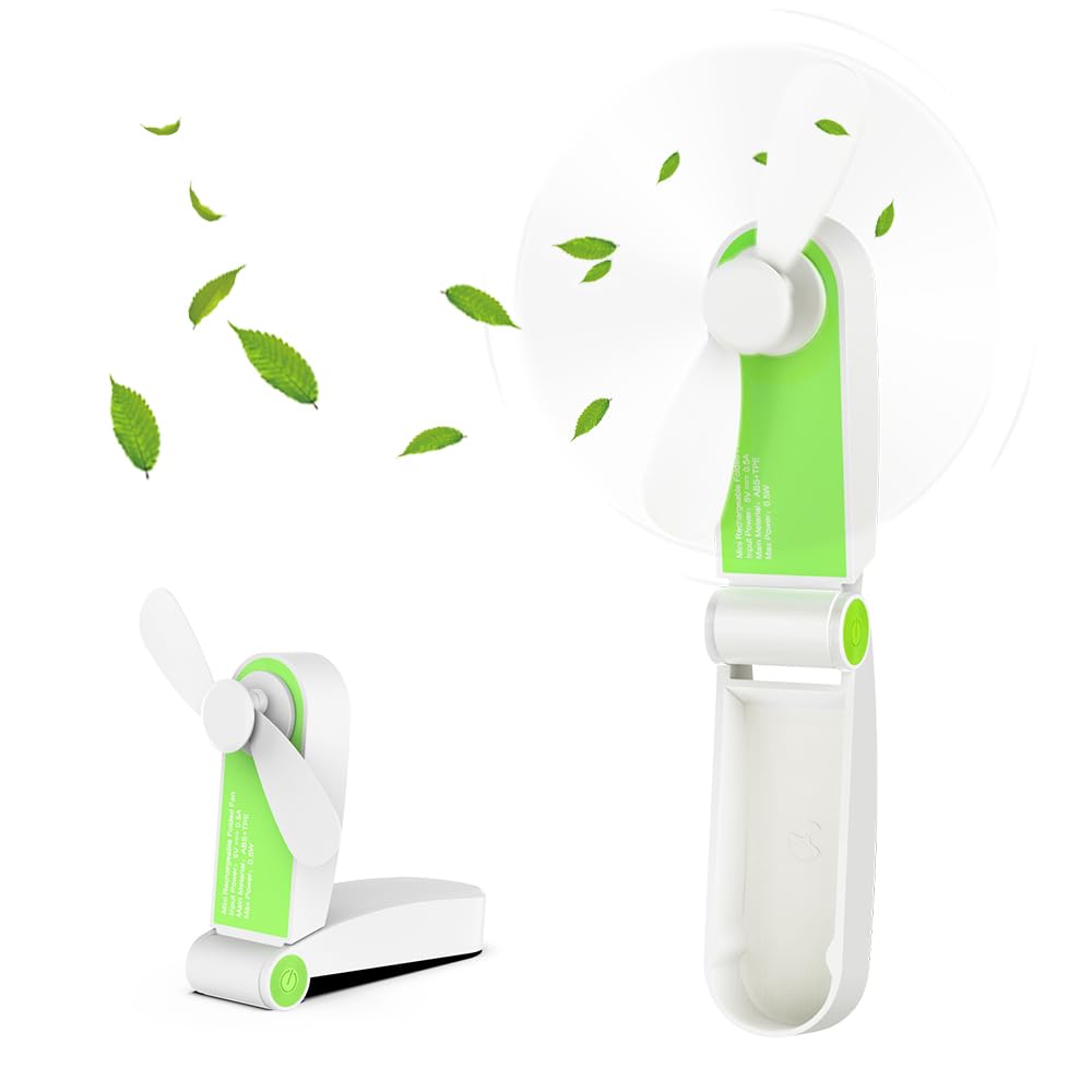HianjooMini Handheld Fan, Soft Blade Small Handy Fan for Kids Girls Boys Portable Rechargeable Folding Pocket Fan with Adjustable 2 Speeds USB Cable for Home Office Travel Outdoor - Green
