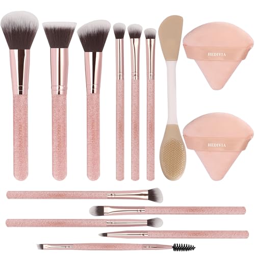 Image of Pink Makeup Brushes Set 14 Pcs Professional, Synthetic Foundation Concealer Powder Blush Eyeshadow Brushes with 2 Powder Puffs & Dual-ended Mask Applicator, Gifts for Women Teen Girls