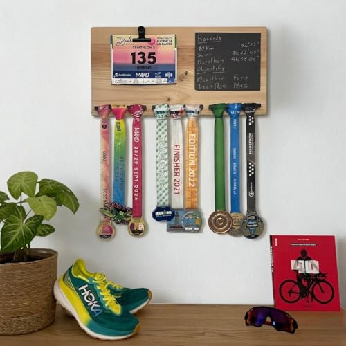 Support médailles triathlon porte dossards bois massif marathon running mural