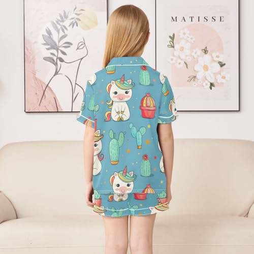 ALAZA Cute Unicorn Cactus Star Pajamas Satin Pajama Set Short Sleeve Button Down Sleepwear4