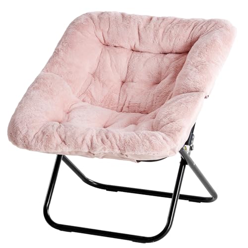 Image of Simple Deluxe Oversized Square Moon Chair for Adults, Soft Faux Fur Folding Lounge Chair with Sturdy Steel Frame, Comfortable Reading Gaming Chair for Living Room, Bedroom, Pink